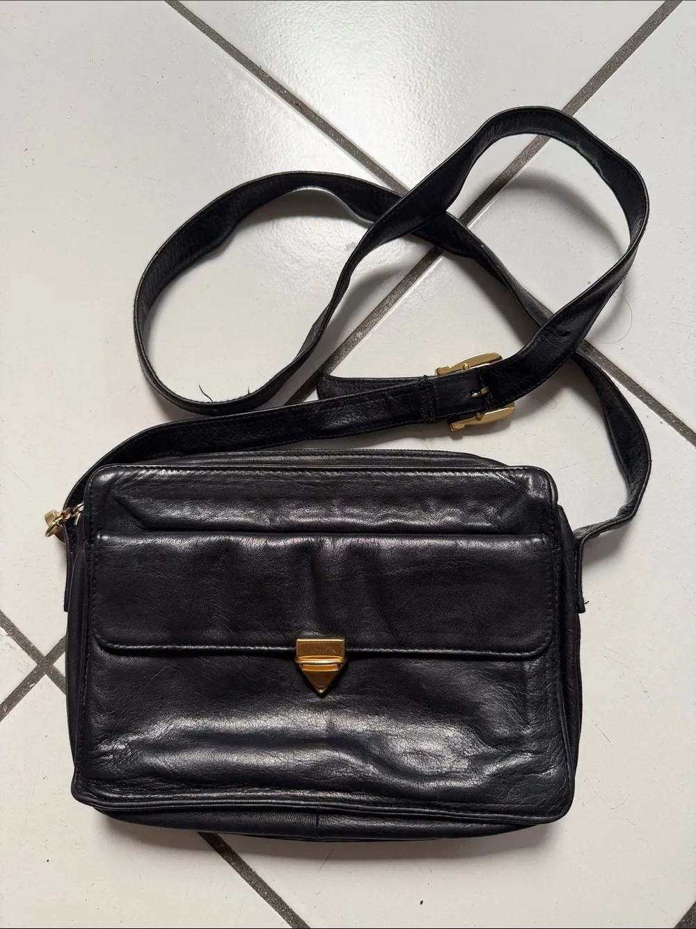 Perlina Black Leather Messenger Bag with Gold Hardware